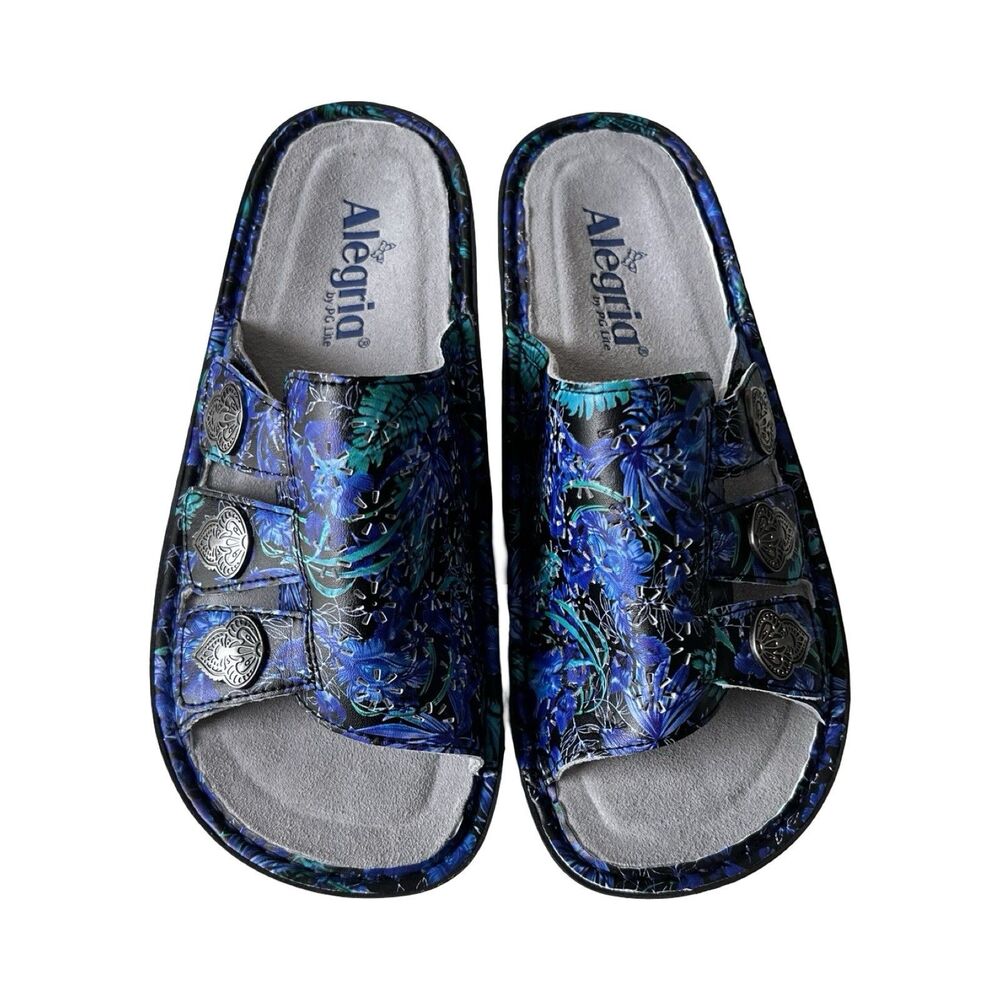 Alegria Verona Floral Leather Slide Sandals Blue Green Heart Buckles Womens 37